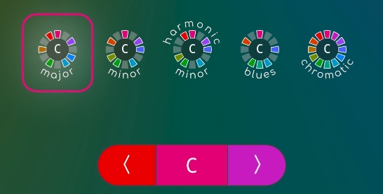 A screenshot of a control panel with icons representing different scale types and buttons for changing the root note of the scale